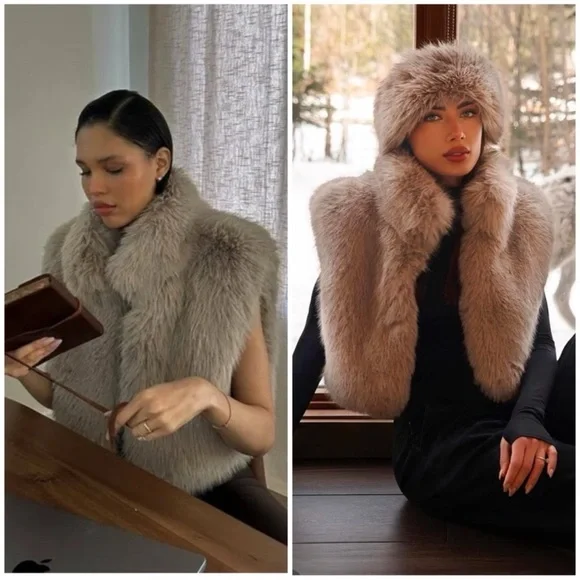 ALO YOGA Opulent Faux Fur Cropped Vest in Oat Beige SZ M - Picture 2 of 8